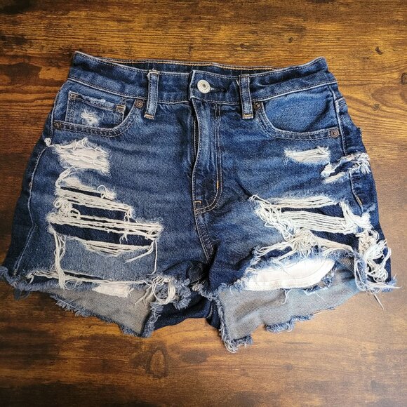 American Eagle Mom Shorts Size 00 Strigid Medium Dark Wash Ripped - Picture 1 of 9